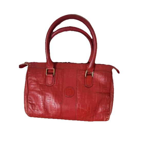 Vintage Fendi Handbag Womens Red Leather FF Logo Boston Satchel Made Italy 80s - Picture 1 of 16